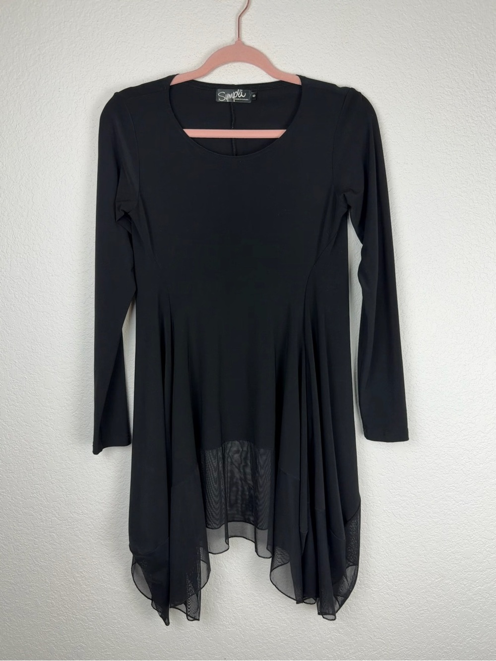 Sympli Asymmetrical Long Sleeve Jersey Knit Mesh Hem Blouse Black 6 - Picture 12 of 12